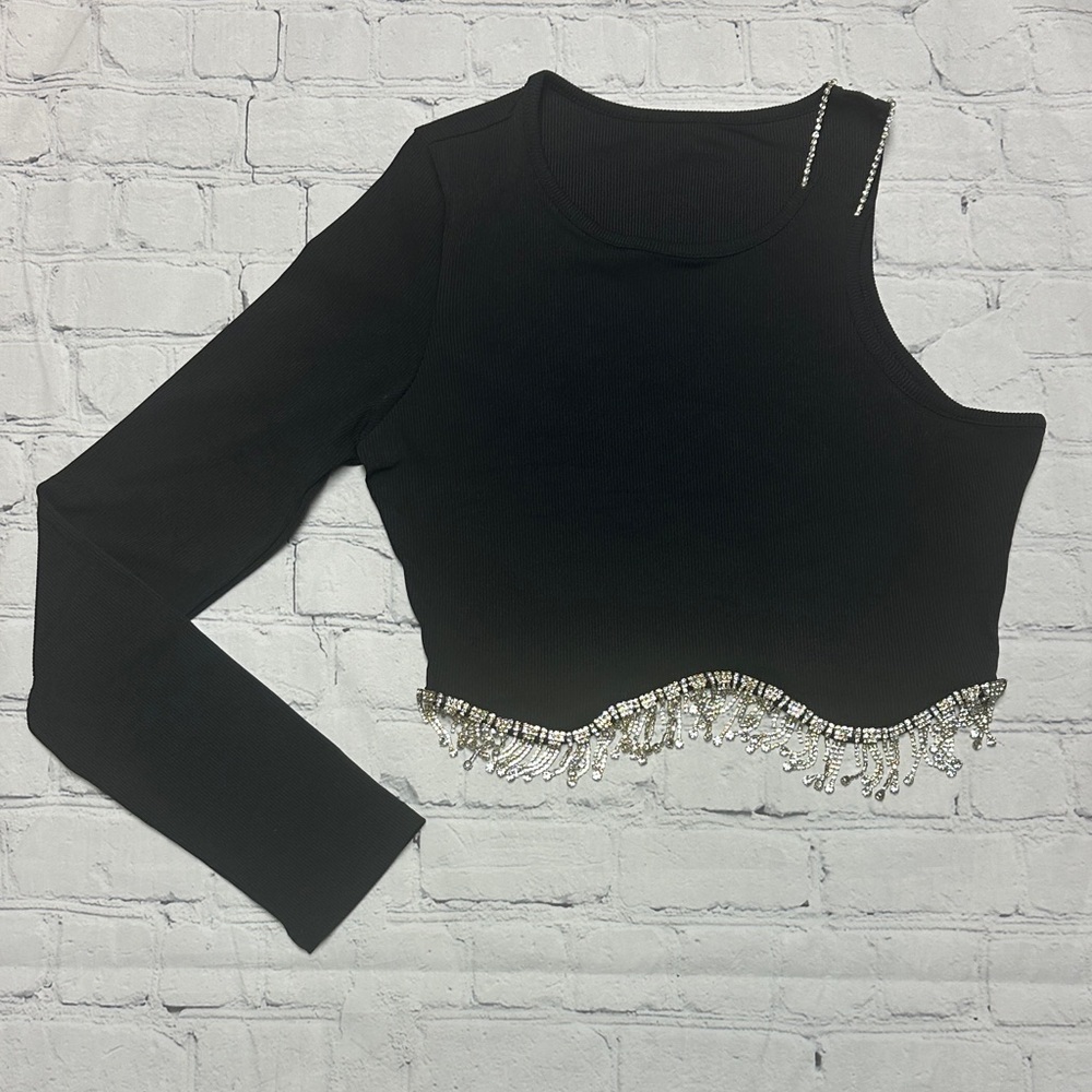 Nashville Rhinestone Fringe Black One Shoulder Crop Top Country Glamor Size L